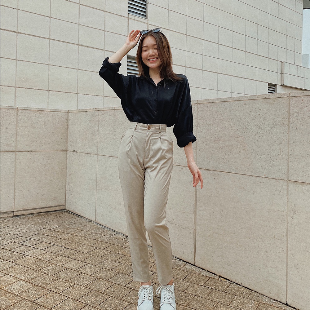Quần tây nữ baggy LUCETFASHION đen kem cao cấp