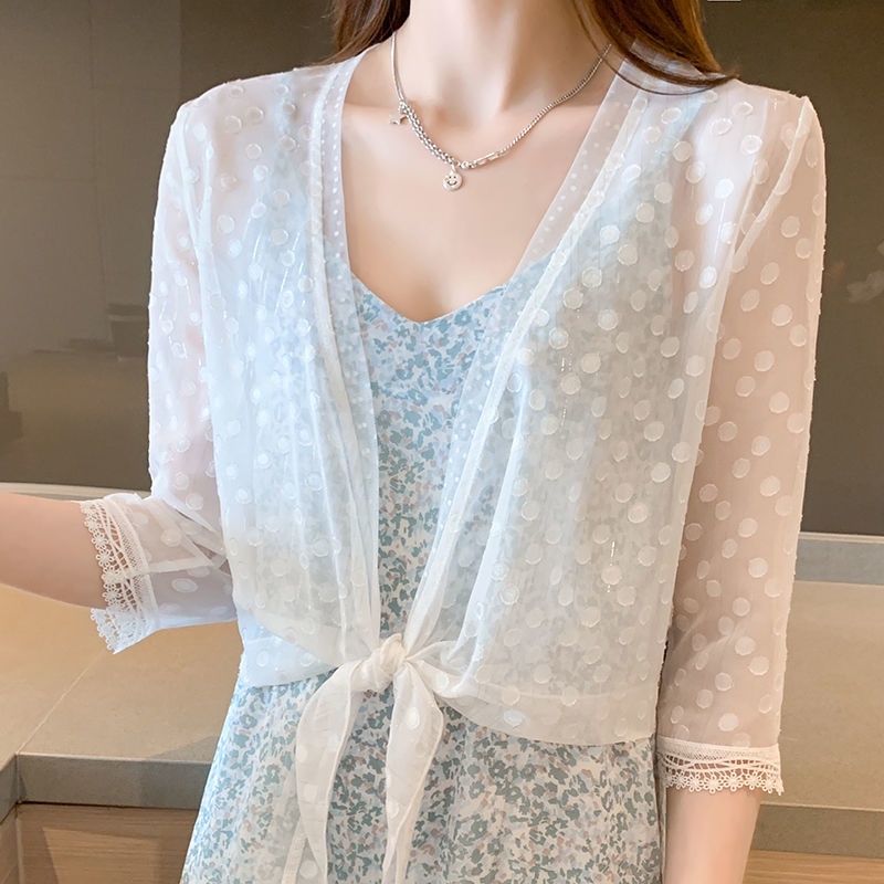 Áo Sơ Mi Chấm Bi Thời Trang Xinh Xắn 164485 Áo Sơ Mi Voan Mỏng Dáng Ngắn Thời Trang Dành Cho Nữ
