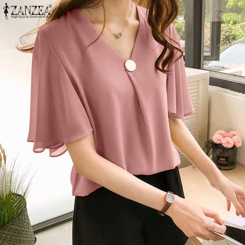 Áo kiểu nữ ZANZEA cổ chữ V tay ngắn dáng rộng phong cách cổ điển