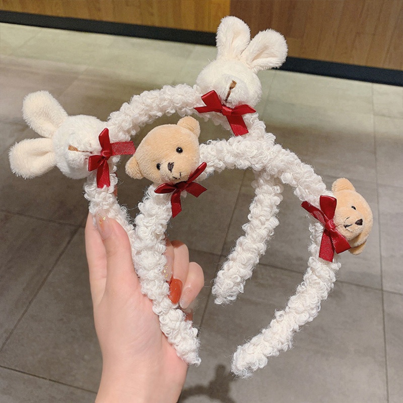 Flgo Băng Đô Cài Tóc Lông Thỏ Giả Mềm Mại Họa Tiết Gấu Hoạt Hình