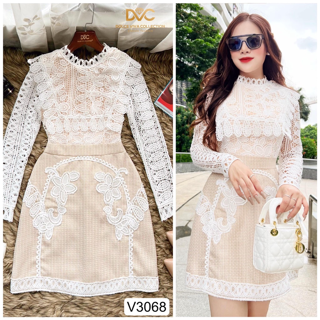 Váy ren nữ dài tay thêu hoa thiết kế cao cấp V3068- DVC