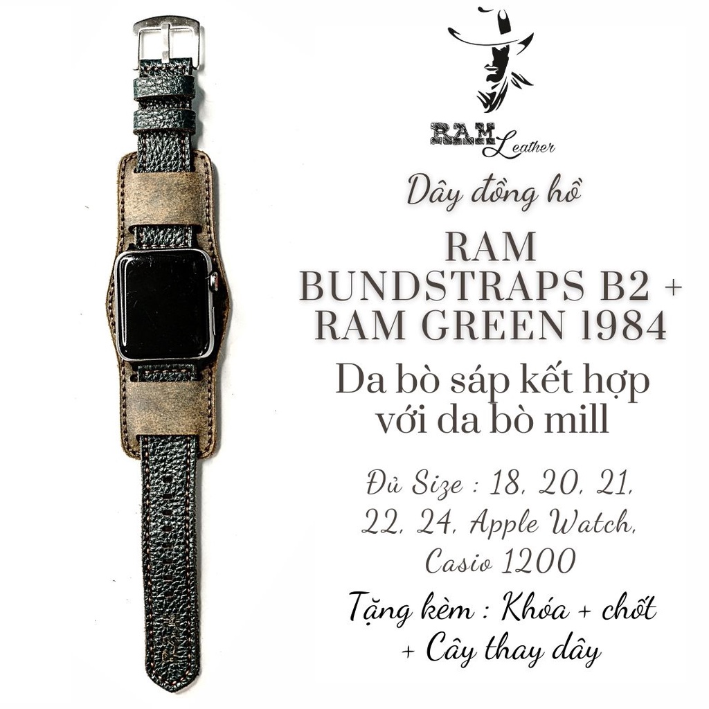 Combo Dây đồng hồ RAM Leather vintage b2 và dây RAM Leather green da bò xanh lục