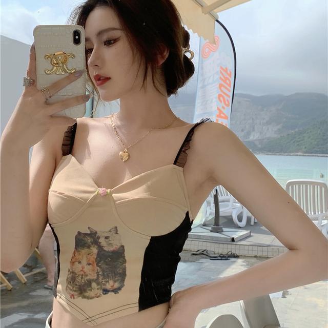 Áo Hai Dây Phối Ren In Hình Mèo Quyến Rũ Thời Trang Mùa Hè Cho Nữ