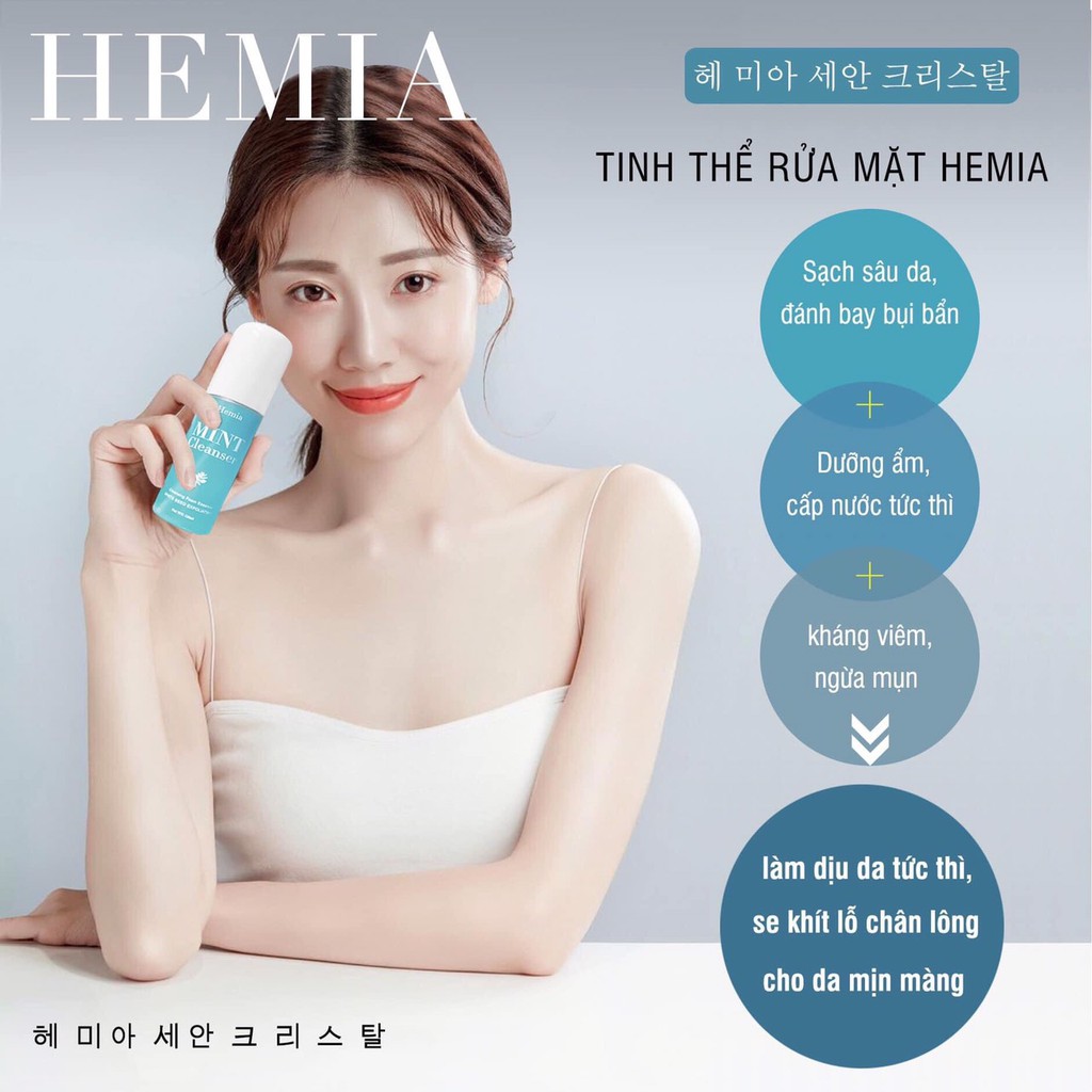 [Chính Hãng] Sữa Rửa Mặt Hemia Hàn Quốc, Tinh Thể Mint Cleanser - Dưỡng Trắng, Làm Sạch Da, Cấp Ẩm, Kiềm Dầu, Ngừa Mụn