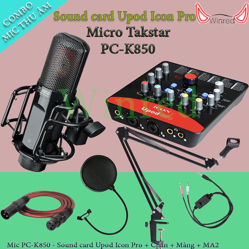 Mic Thu Âm takstar pc k850 và sound card icon upod pro chân kẹp màng lọc dây livestream ma2 dây mic 3m