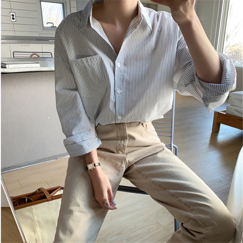 Áo sơ mi nữ SUXI tay dài kẻ sọc phong cách retro hàn quốc mới