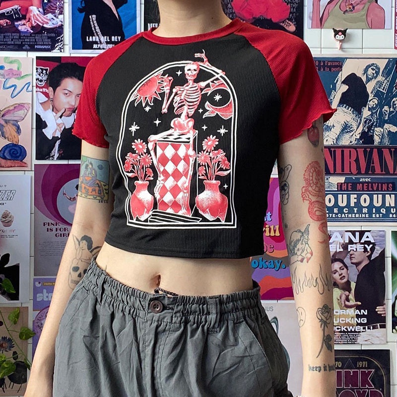 Áo thun croptop MMIOT Y2K tay ngắn in họa tiết đầu lâu phong cách harajuku Hàn Quốc thời trang 2023 cho nữ