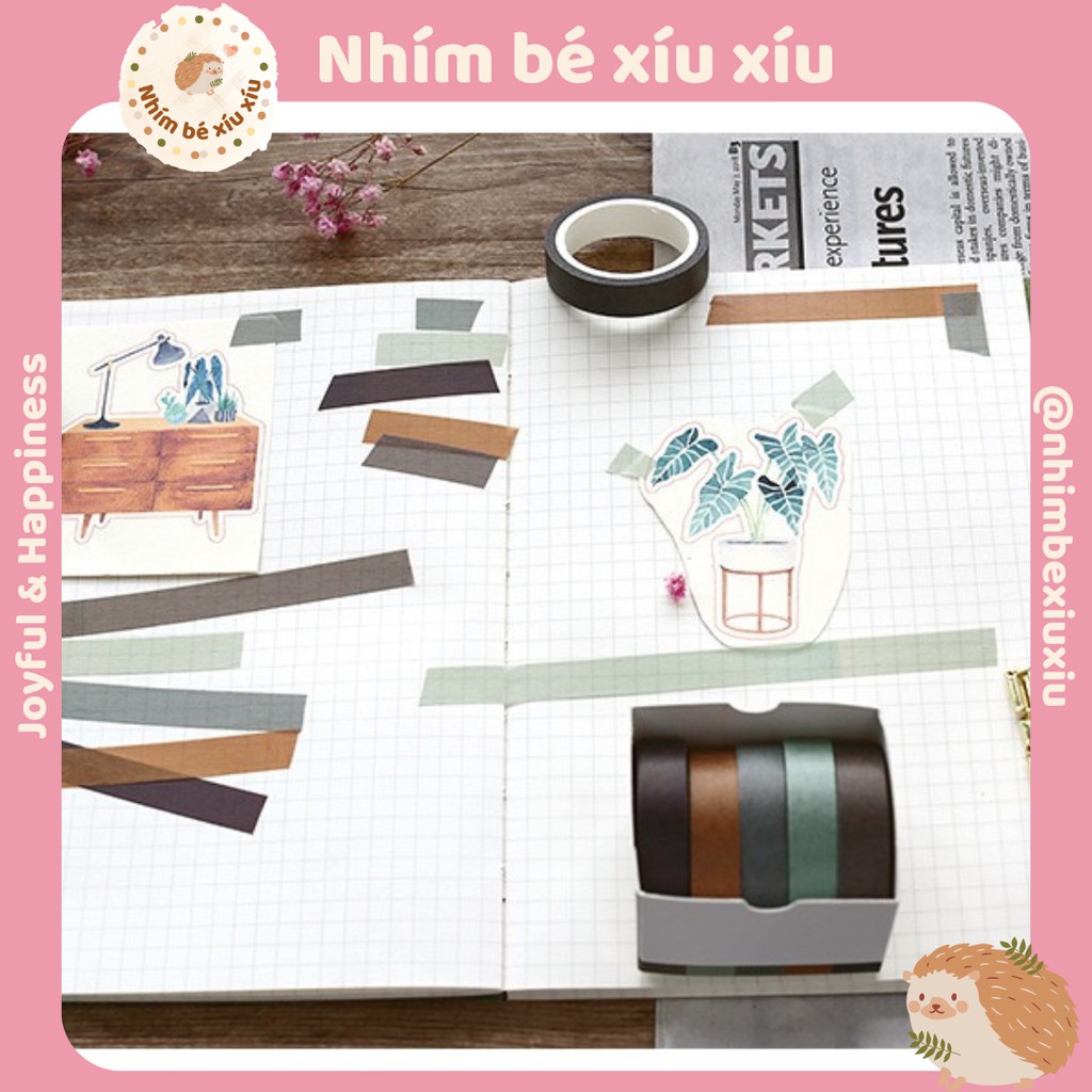 Hộp 5 cuộn washi tape tone màu trầm vintage băng dính trang trí sổ tay bullet journal take note