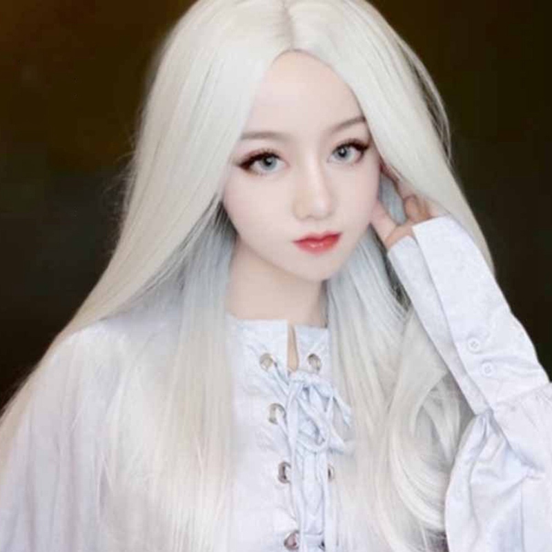 flowersqueen Tóc Giả Dài Duỗi Thẳng Màu Trắng Chất Liệu Sợi Nhân Tạo