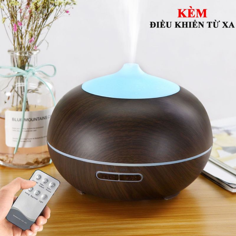 MÁY KHUẾCH TÁN TINH DẦU Chuyên Dụng, Cao Cấp, Có REMOTE, 550ML - Máy Phun Sương Sóng Siêu Âm, LED 7 Màu, Công Suất Lớn