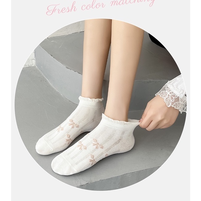 Vớ tất cổ ngắn trắng kem Lolita xoăn icon nơ nâu