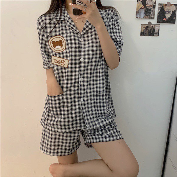 Bộ ngủ Pijama kẻ ô gấu bear 2 túi vải cotton | BigBuy360 - bigbuy360.vn