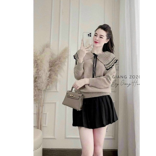 áo len cổ bèo xinh chất đẹp màu trắng be hồng