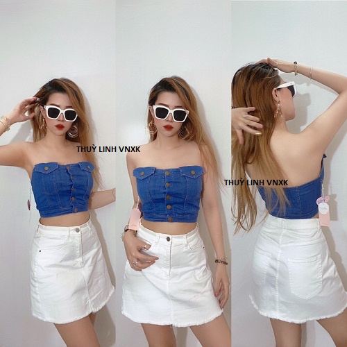 Áo Croptop BLASHE Jeans Cúp Ngực Không Dây Có Nút