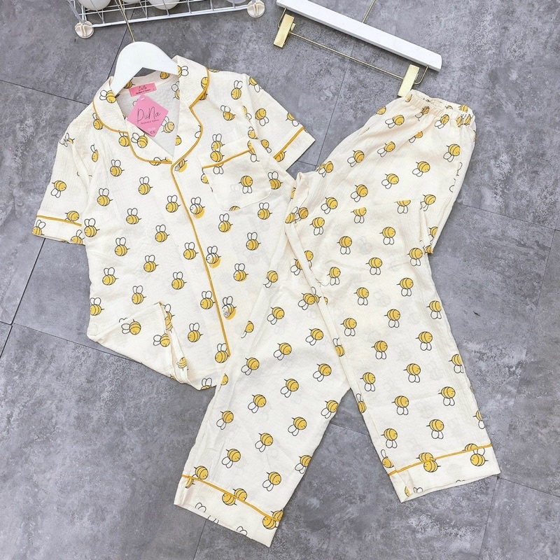 Bộ pijama chất đũi xốp hàng cộc dài hoạ tiết xinh dễ thương mặc nhà nữ