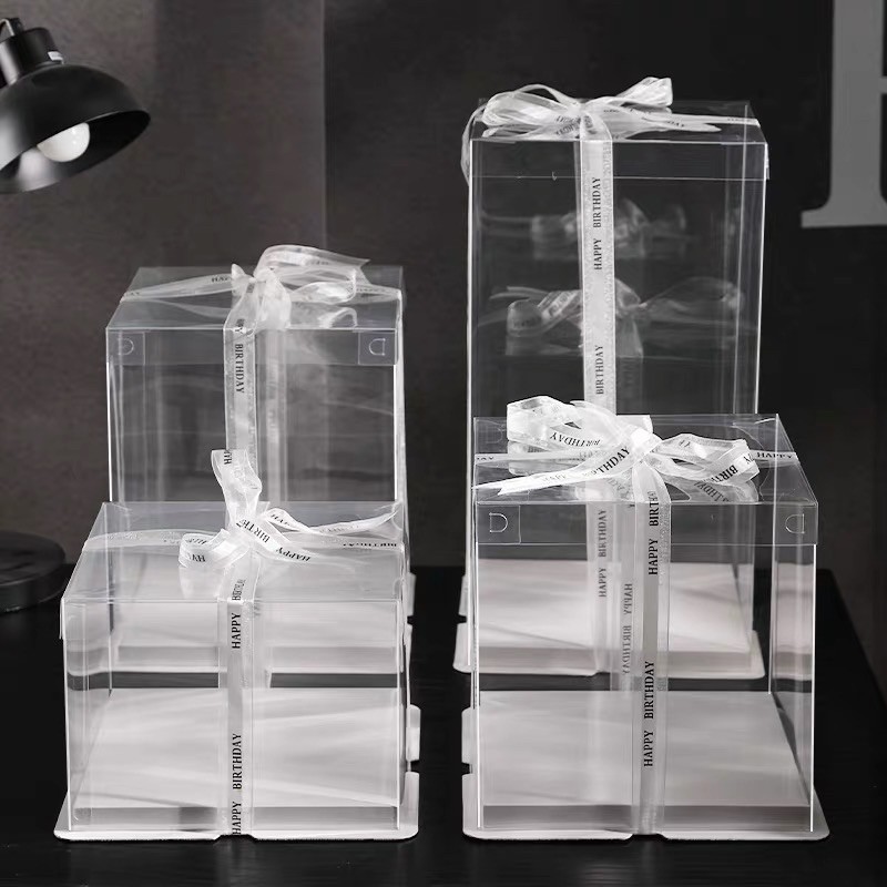 Set 10 hộp mica trong size 26,28,30 và 32(cao 18cm và 25cm) đế trắng đựng bánh gato, bánh kem, đựng quà.