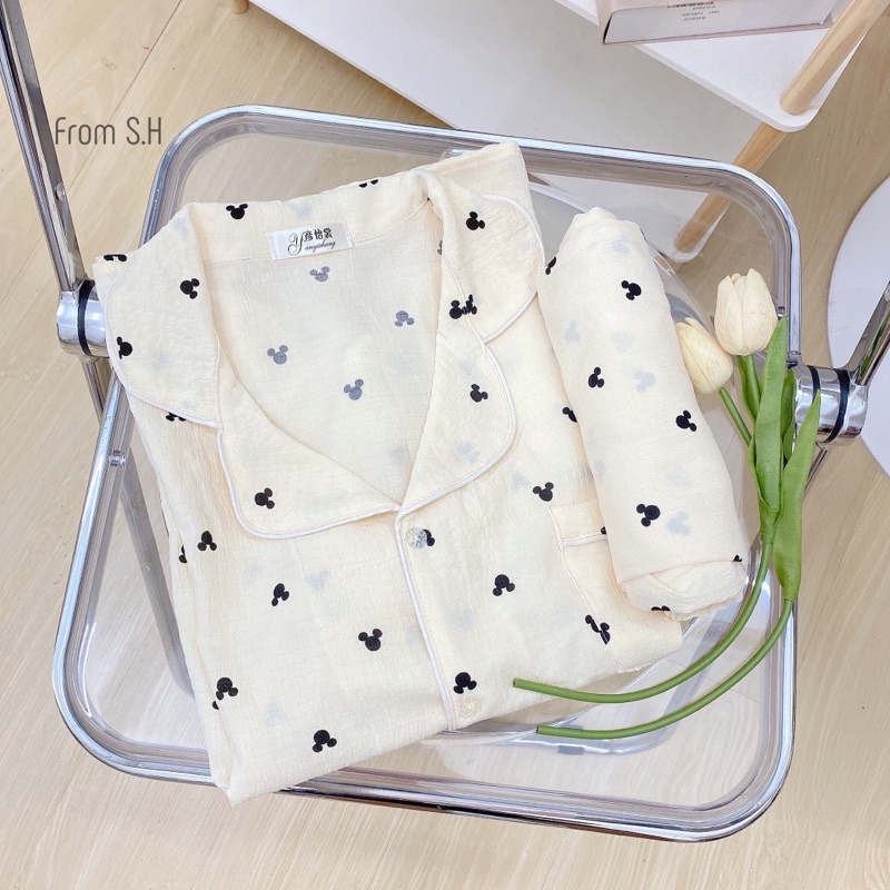 Bộ pijama thu đông mặc nhà nữ chất đũi xốp áo dài quần dài