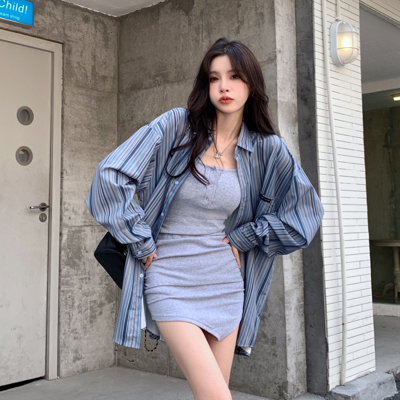 Áo sơ mi SUXI tay dài họa tiết kẻ sọc thời trang dành cho nữ