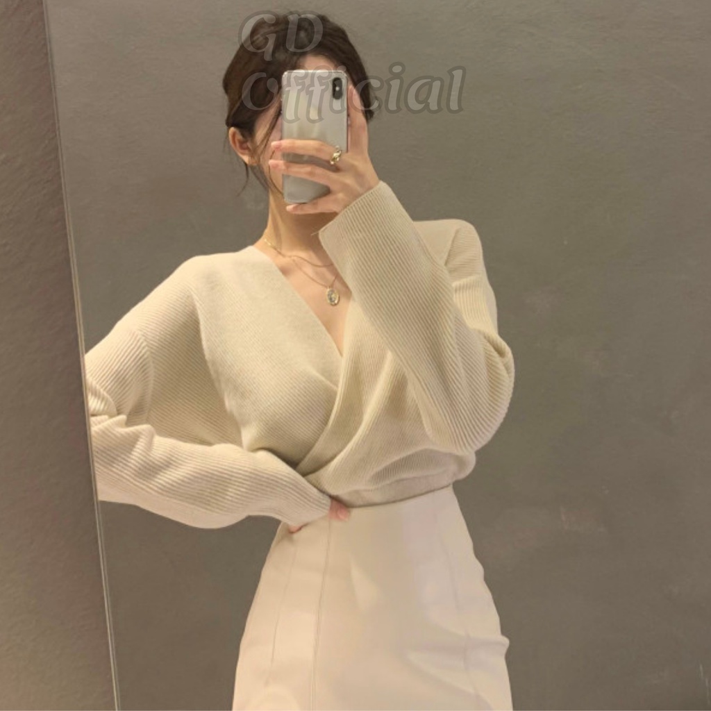 L8|Áo len dệt kim nữ cổ chữ V chéo vạt lộ xương quai xanh dài tay dáng rộng trơn màu trắng, đen, xanh, hồng GD Official