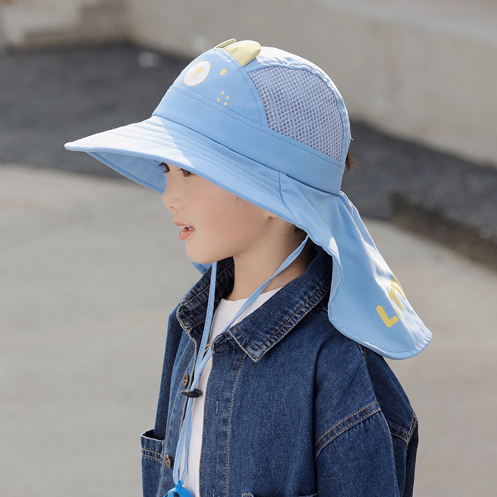 Mũ rộng vành, che gáy chống nắng chống tia UV họa tiết gấu dễ thương cho bé