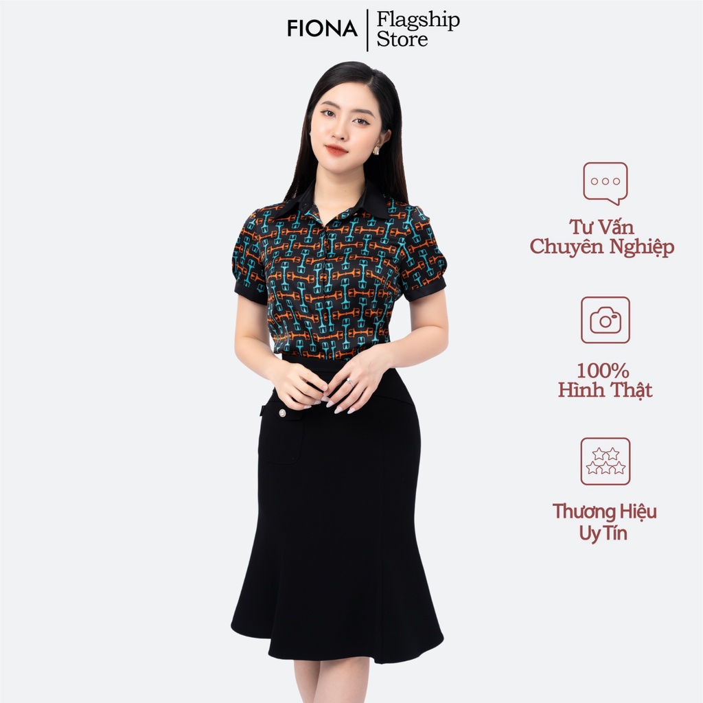 Áo sơ mi nữ FIONA họa tiết cam lá sơ mi cổ đức dáng suông chất liệu lụa cao cấp trẻ trung F551192