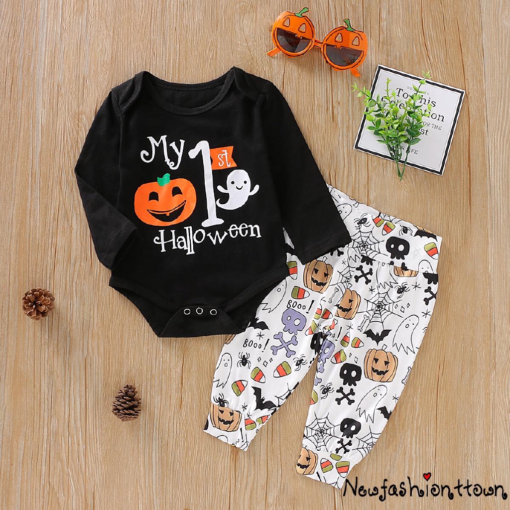 Set bộ đồ ngủ liền thân + Quần dài họa tiết trái bí đỏ Halloween dễ thương cho bé