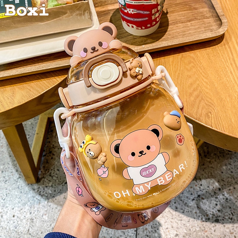 Bình Nước Hình Gấu Dễ Thương Dung Tích Lớn Không BPA Kèm Ống Hút Cho Bé Gái