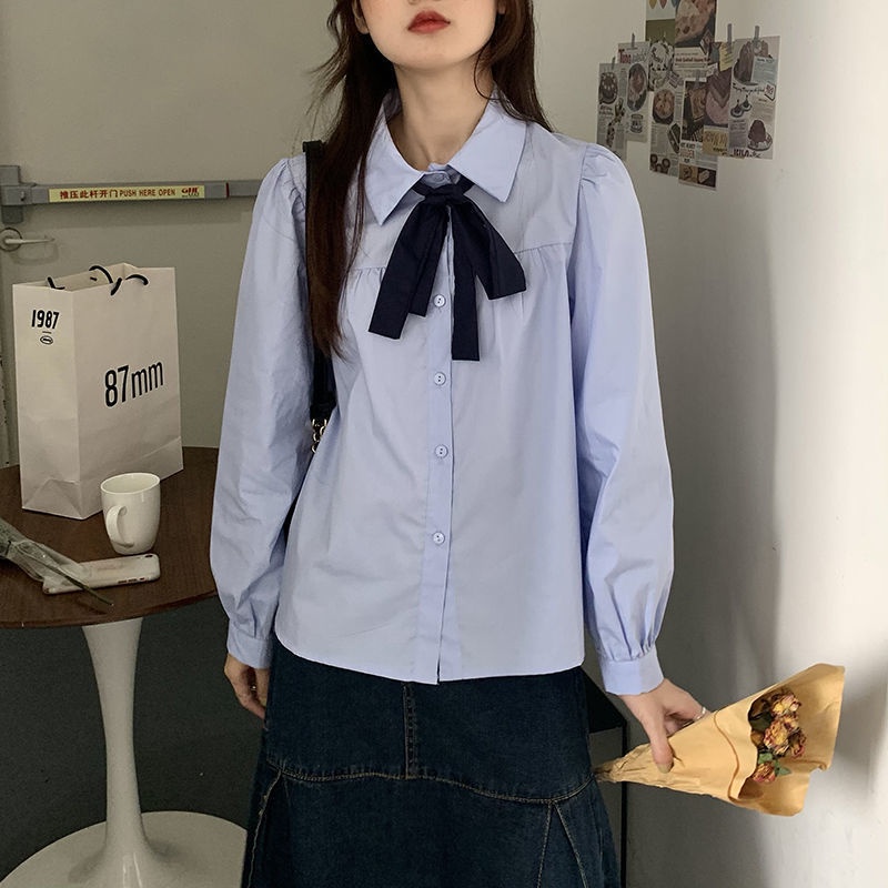 Áo sơ mi màu trơn dài tay thắt nơ xinh xắn thời trang Hàn Quốc cho nữ