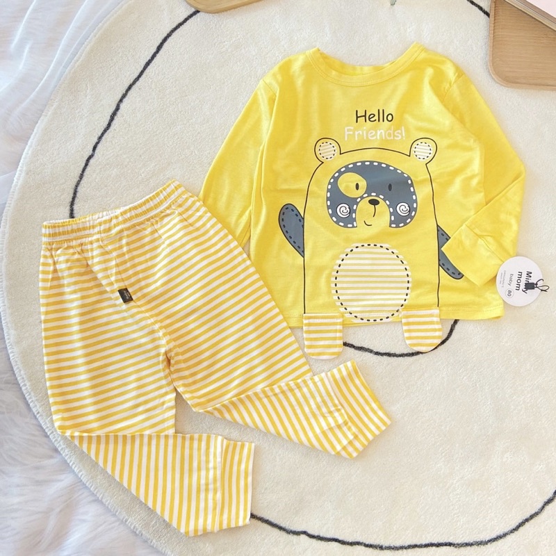 Bộ Quần Áo Dài Tay Minky Mom Thun Lạnh Thoáng Mát Hoạ Tiết Động Vật Sinh Động, Quần kẻ
