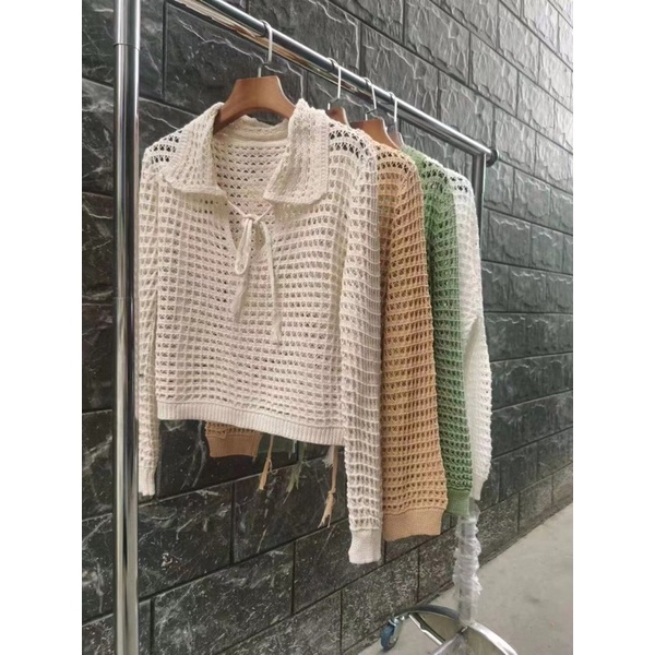 áo len lưới cổ sen nơ buộc điệu đà