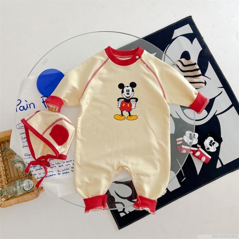 Bộ áo liền quần in họa tiết hoạt hình + mũ thời trang cho bé sơ sinh
