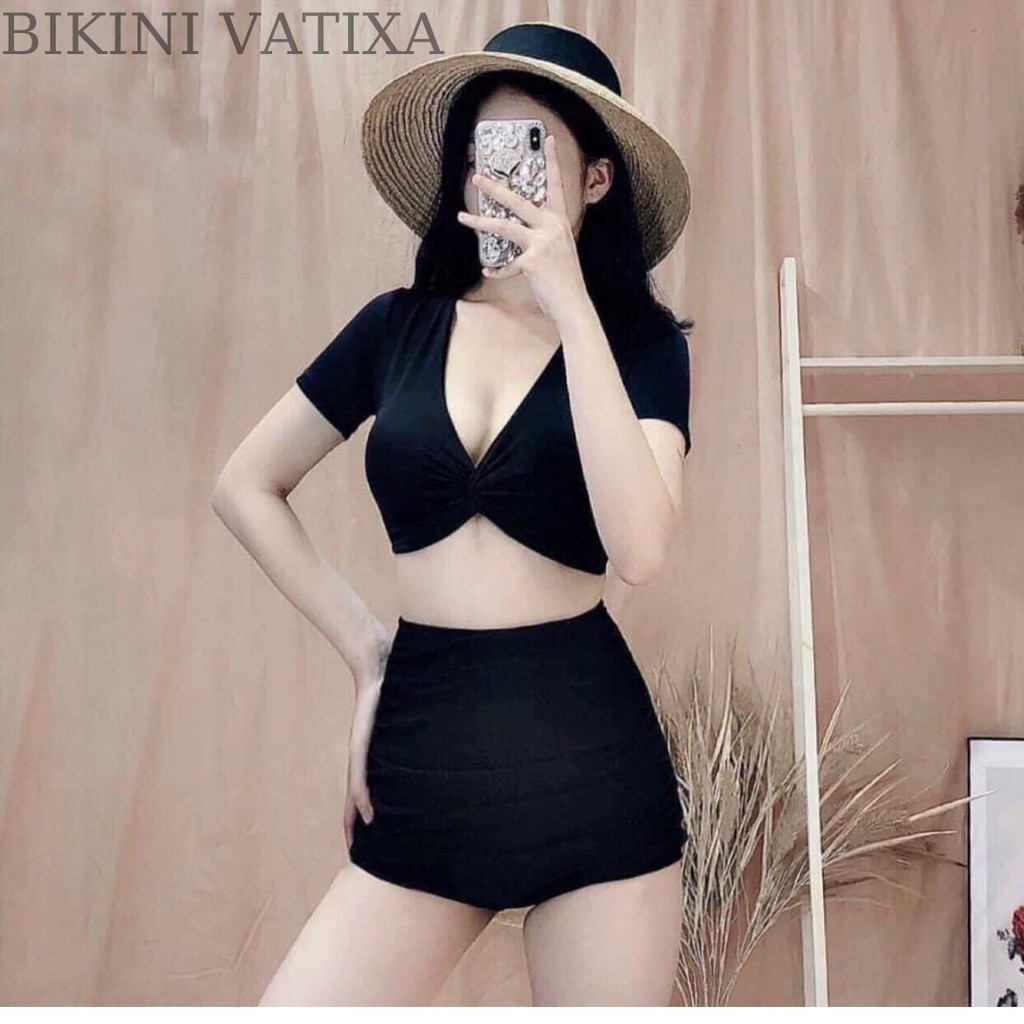 Bikini, Đồ Bơi Đi Biển Hai Mảnh Xoắn Ngực Nhiều Màu, Quần Đùi Cạp Cao Áo Crop VATIXA BKN12