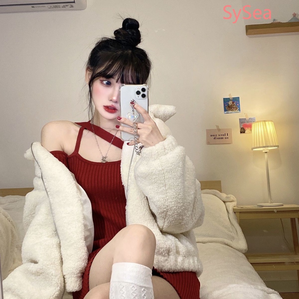 Đầm dệt kim trễ vai màu đỏ phong cách retro quyến rũ cho nữ