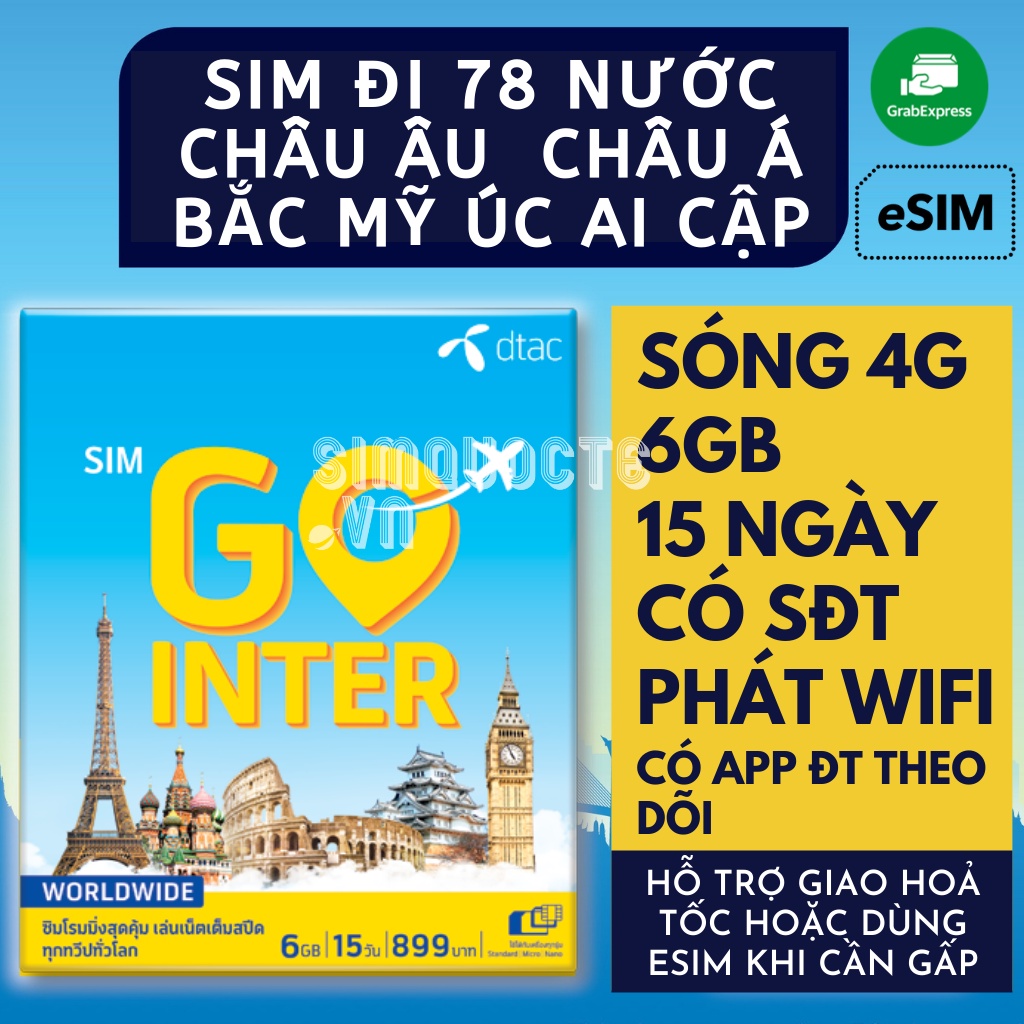 Sim Du Lịch 78 Nước Dubai Thổ Nhĩ Kỳ Ai Cập Châu Âu Châu Mỹ DTAC GO INTER