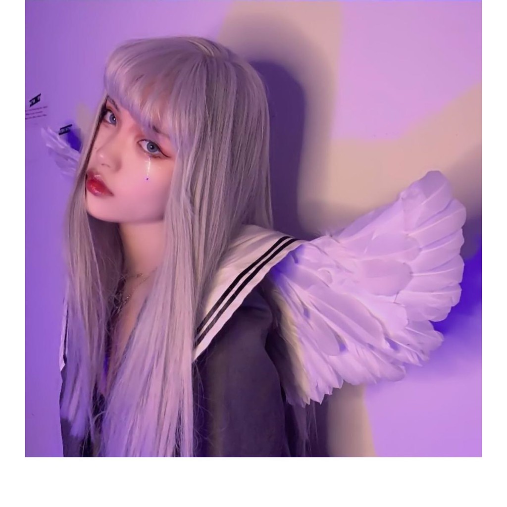 Tóc giả dài thẳng nhuộm màu xanh dương thời trang cho nữ kèm lưới trùm tóc giả