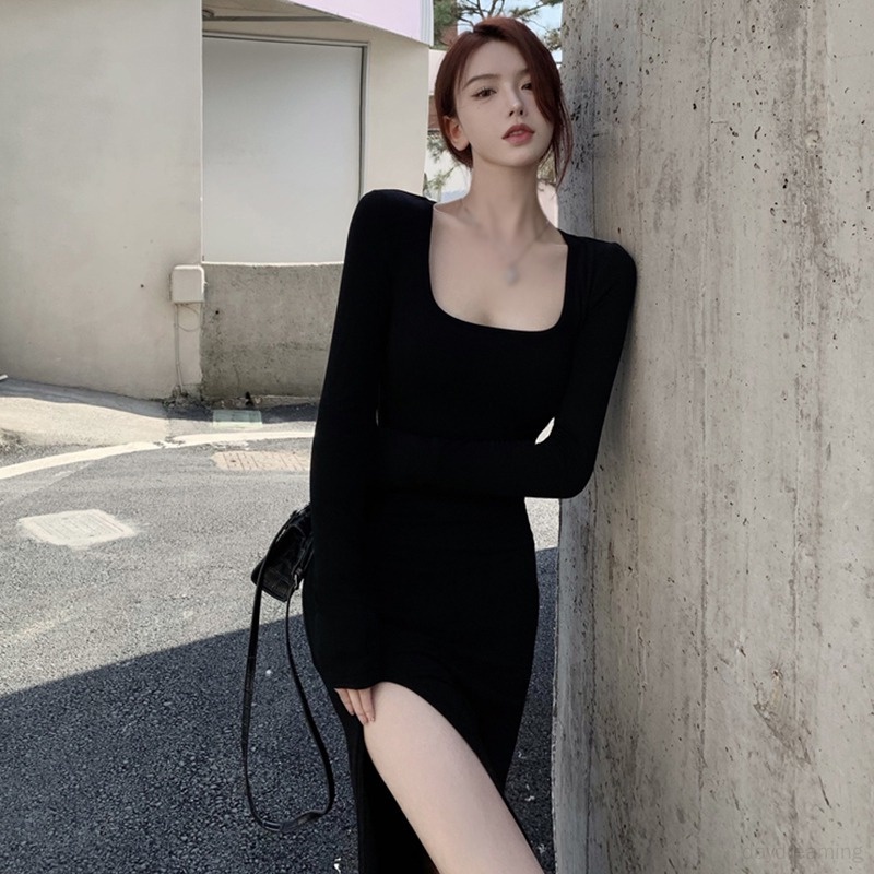 Đầm Cổ Vuông Ôm Dáng Xẻ Tà Quyến Rũ Thời Trang Phong Cách Hàn Quốc Cho Nữ