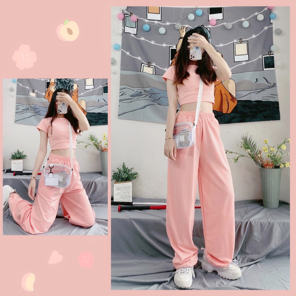 Quần Jogger Basic Ulzzang Unisex Jogger Trơn Dây Rút Lai Ống Rộng Màu Hồng Nhạt - MM