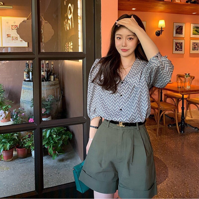 Áo sơ mi công sở nữ ngắn tay phồng kẻ sọc họa tiết cổ bẻ V form rộng bigsize kiểu Hàn Quốc ulzzang xiaozhainv vn N-5