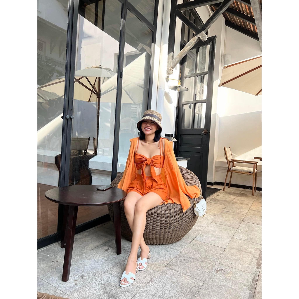 SET ĐI BIỂN QUẦN SHORT + ÁO BRA + SƠ MI ĐŨI FORM RỘNG KÈM ẢNH THẬT (25277)