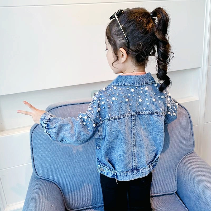 Áo Khoác Denim Tay Dài Đính Ngọc Trai Giả Dễ Phối Đồ Thời Trang Cho Bé Gái