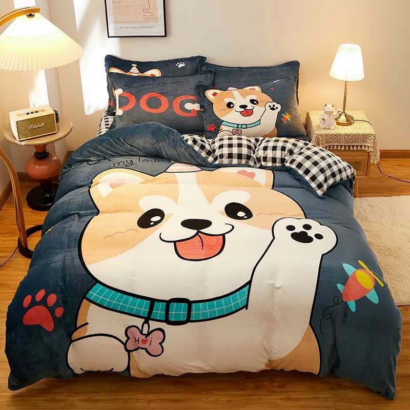 Bộ chăn ga gối nỉ nhung 3D mềm mịn xinh xắn, ga giường và vỏ gối nỉ nhung nhập khẩu cao cấp thoáng khí không xù lông