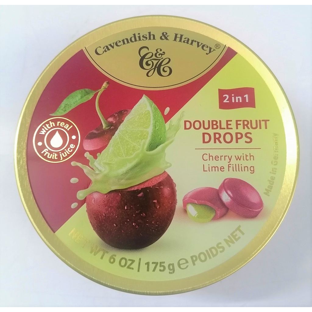 [Hộp thiếc 175g – Cherry &amp; Lime] KẸO ANH ĐÀO NHÂN CHANH VỎ XANH [Germany] CAVENDISH &amp; HARVEY Drops Filling (tbo)