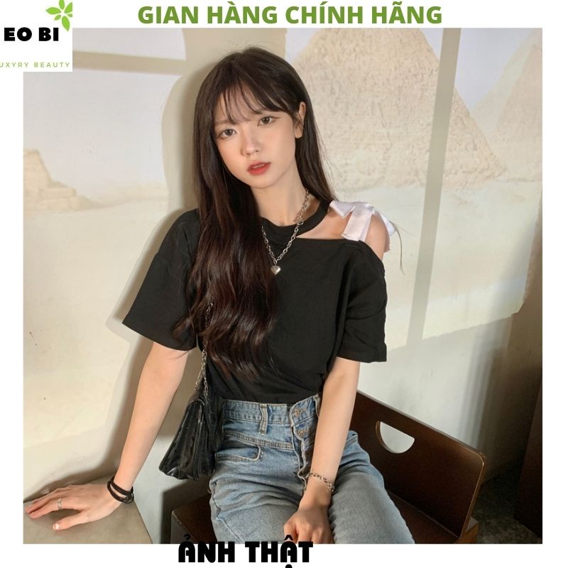 Áo thun nữ buộc nơ vai kiểu cổ choker ulzzang vintage cực xinh chất cottong mềm mịn mặc xinh -EOBI