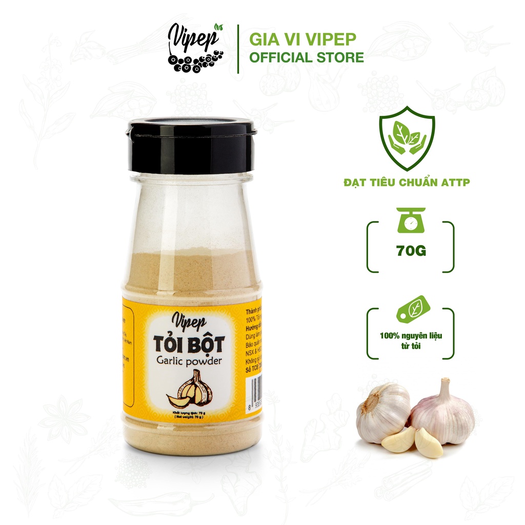 Bột tỏi nguyên chất Vipep 70g - bột gia vị tiện lợi dễ thấm cho món ăn đậm đà, thơm ngon chuẩn vị