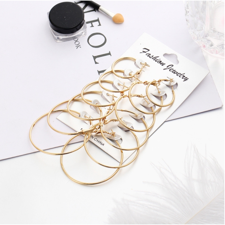 Bộ 6 bông tai vòng tròn lớn màu bạc vàng phong cách vintage quyến rũ dành cho nữ