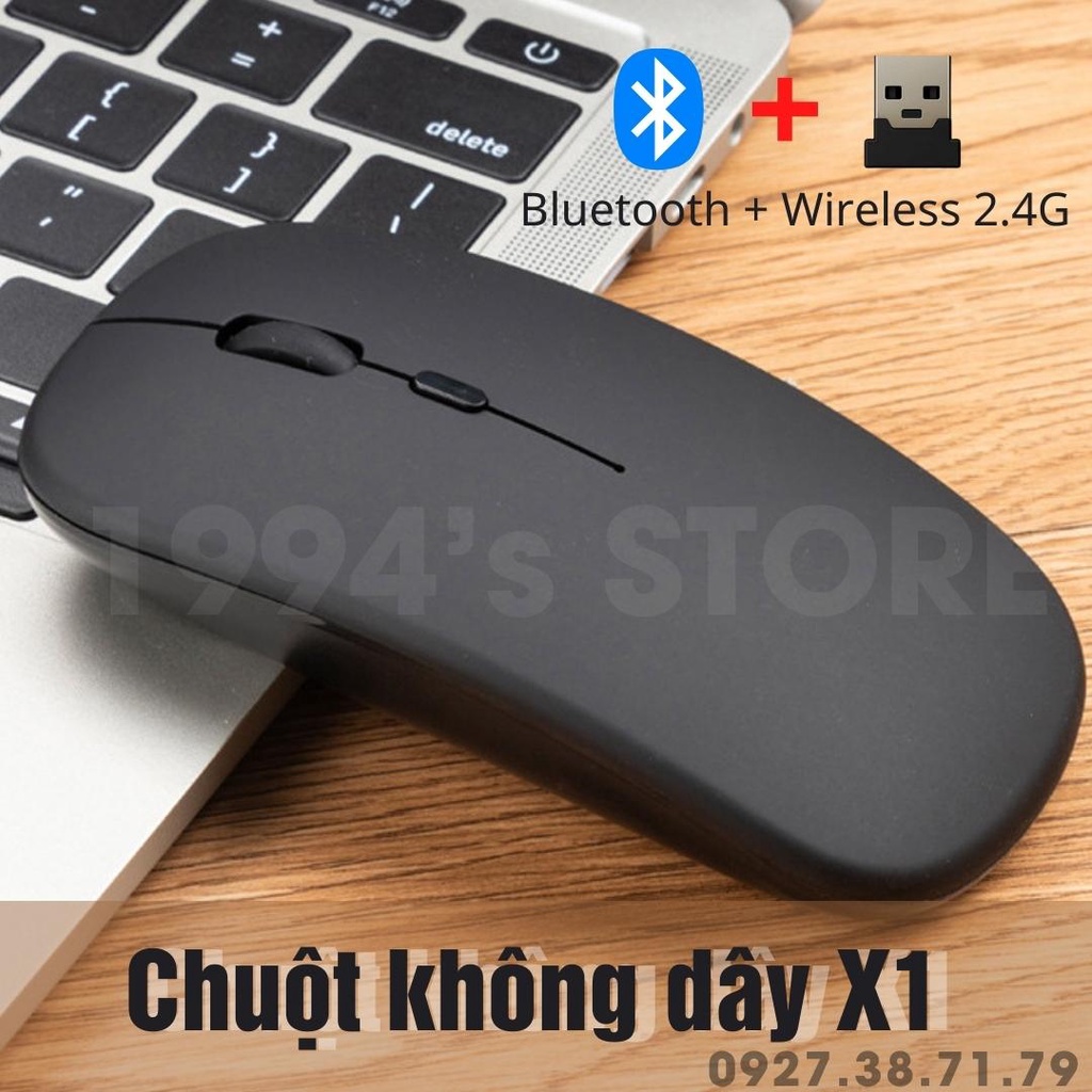 (CÓ SẴN) Chuột Không Dây X1 Bluetooth 5.1 và Wireless 2.4G Nhỏ Gọn, Nhẹ, Dùng Pin Sạc, Không Âm Thanh