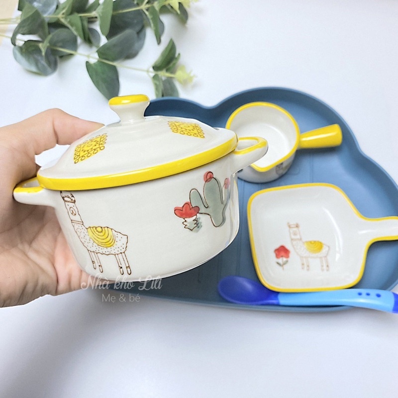Set bát sứ cao cấp 5 chi tiết dành cho bé ăn dặm thiết kế dễ thương, tặng thìa báo nóng
