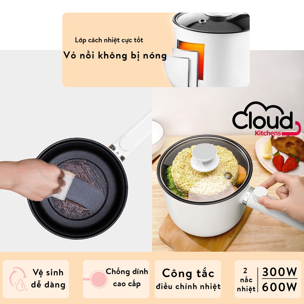 Nồi Lẩu Mini đa năng Cloud Kitchens, 2 Nấc Nhiệt, Nồi Nấu Mì mini 1.5L, Ca nấu lẩu, Chống Dính Cao Cấp Chính Hãng