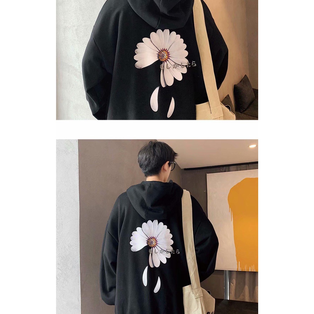 Áo hoodie dáng rộng dài tay in họa tiết hoa cúc thời trang Nhật Bản cỡ M-5XL cho nam