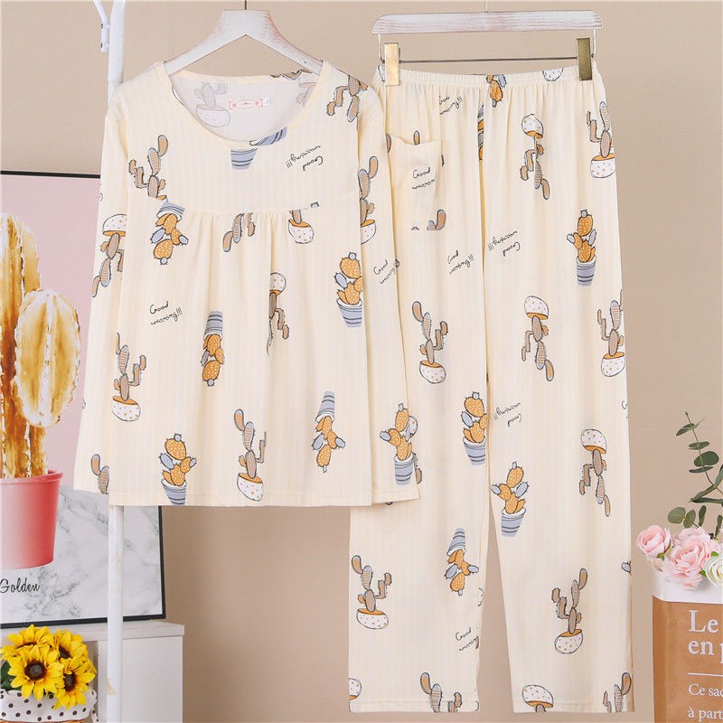 Đồ ngủ & Đồ mặc nhà☋▥﹍Xuân thu trung niên bà mẹ dài tay túi quần pyjama nữ phục vụ tại nhà béo plus size bộ đồ